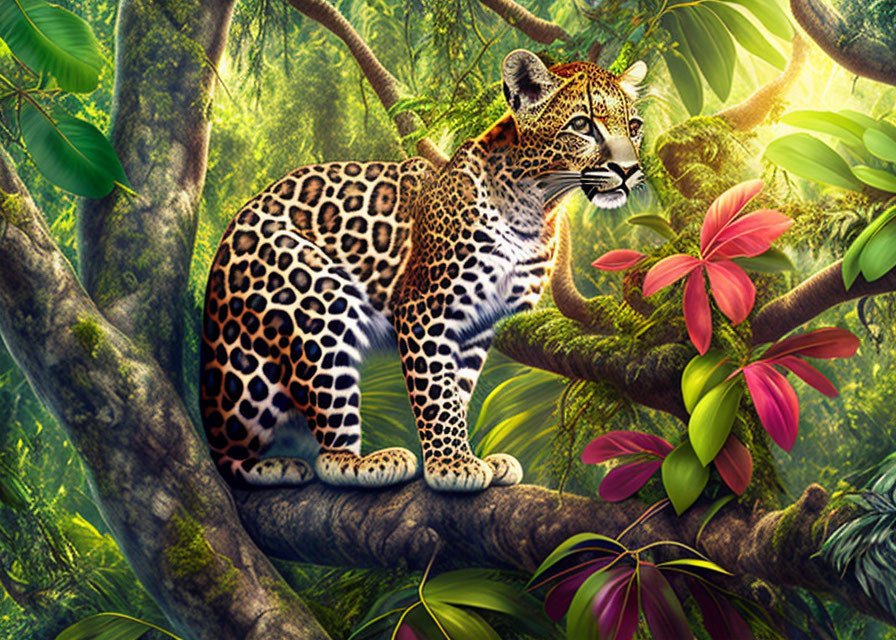 Leopard resting on tree branch in lush jungle scenery