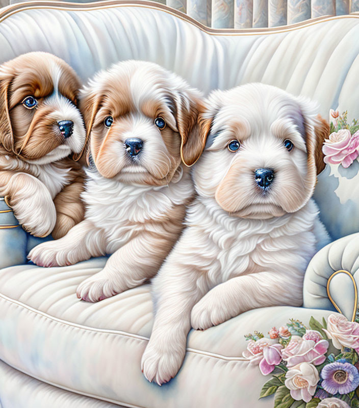 Fluffy White and Brown Puppies on Cream Sofa with Floral Background