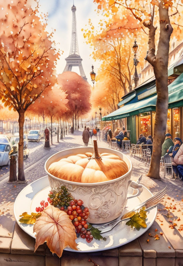 Autumn Paris scene with pumpkin cup and Eiffel Tower