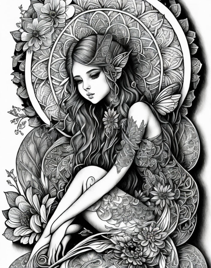 Detailed Black and White Fantasy Female Figure with Floral Patterns and Ethereal Aura