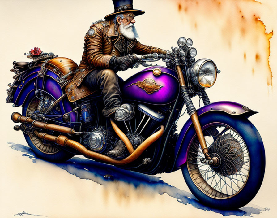 Steampunk-themed bearded man on motorcycle in detailed illustration