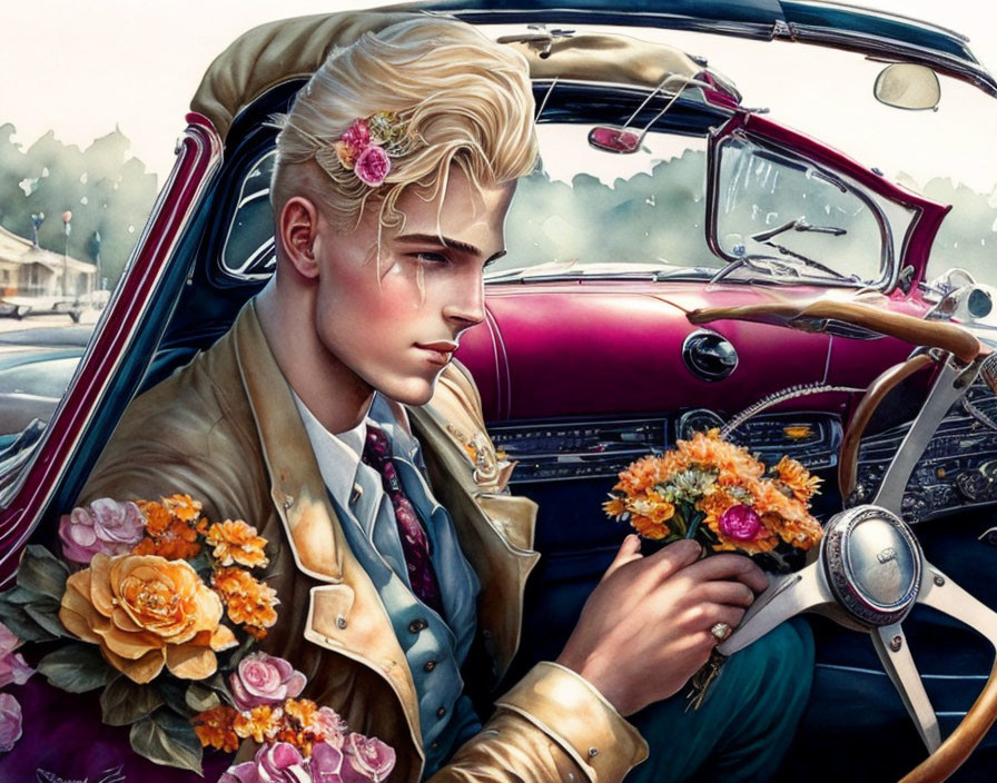 Blonde man in vintage car with flowers, retro attire