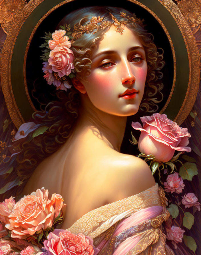 Classic Painting: Woman with Golden Headdress and Roses