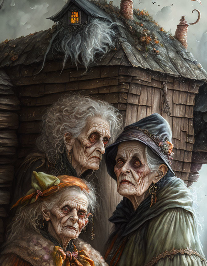 Three elderly witches in front of a dilapidated wooden hut with a glowing window