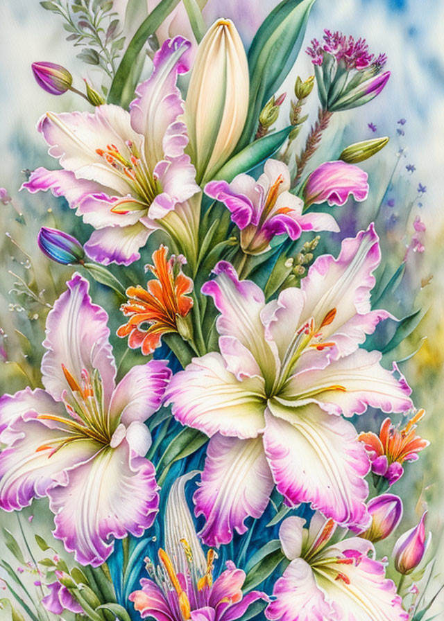 Colorful lilies painting with pink and white petals on green foliage.