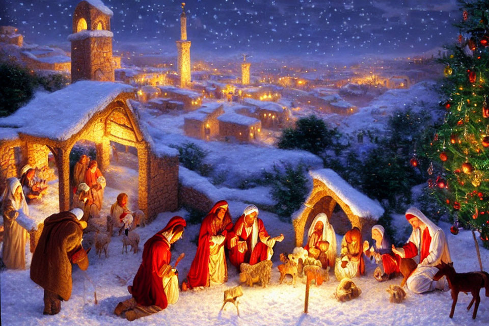 Detailed Nativity Scene with Christmas Tree in Snowy Village