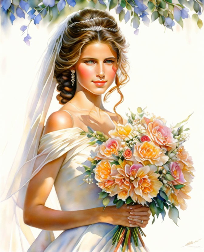 Bride painting with floral bouquet in sunlit backdrop