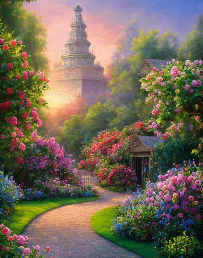 Multicolored rose-lined garden path to ornate tower in warm sunlight