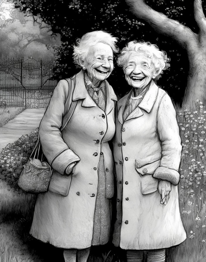 Elderly women in coats arm in arm near tree fence