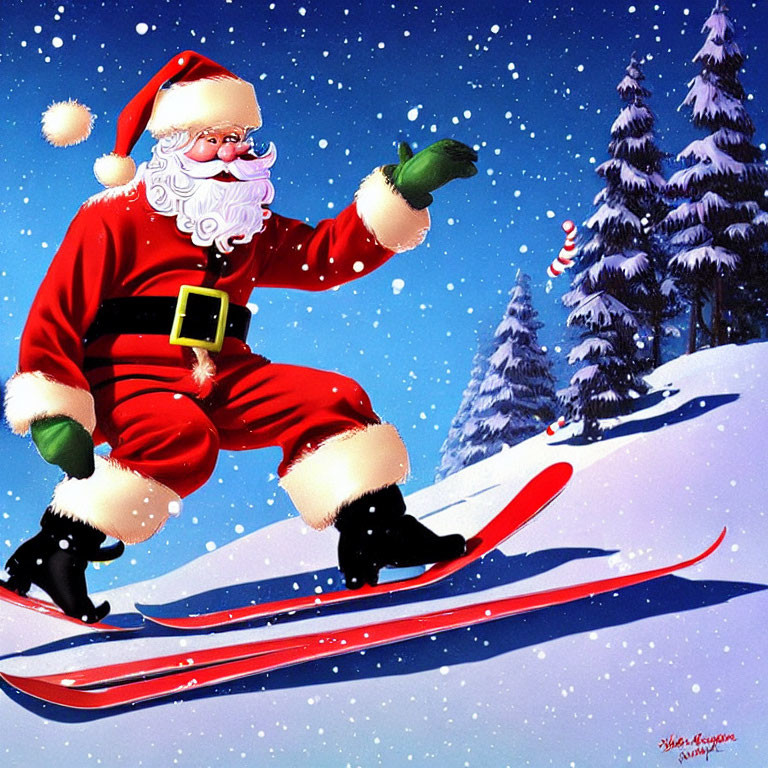 Santa Claus skiing on snowy slope with evergreen trees & blue sky