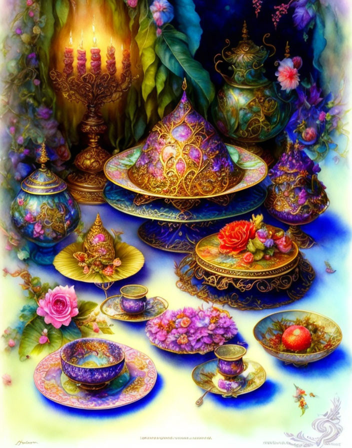 Ornate tea set with intricate designs, candles, flowers, and pomegranate in vibrant