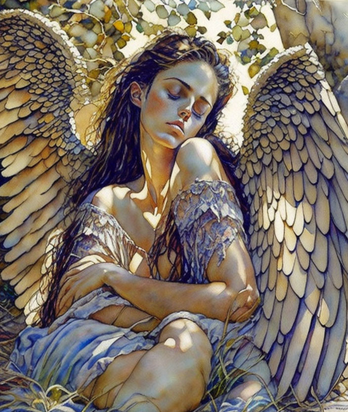 Serene woman with angel wings in a forest setting