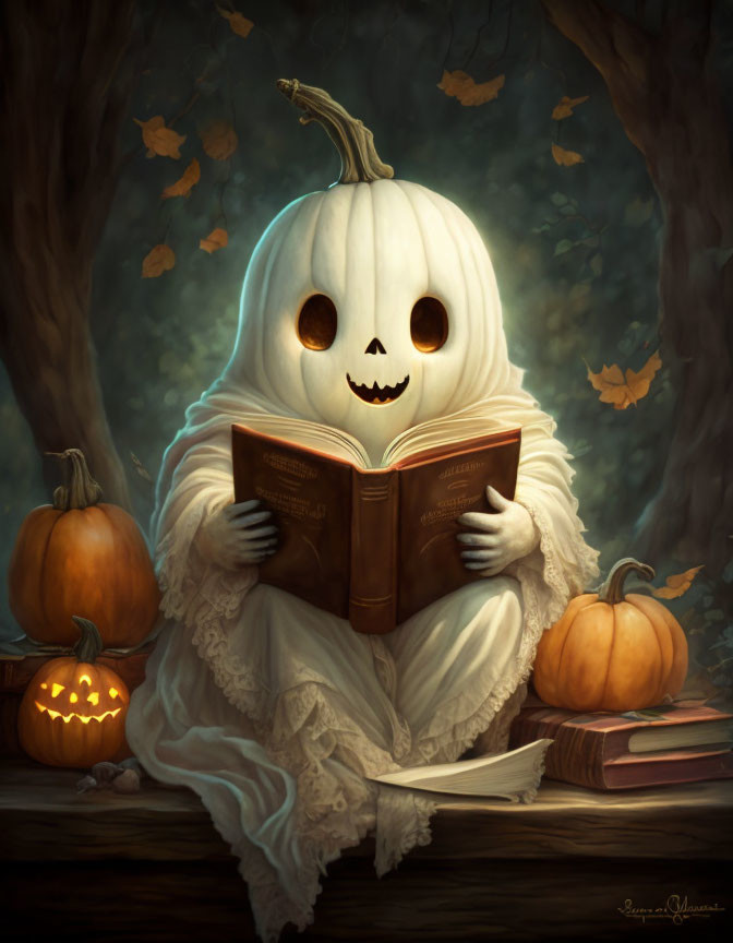 Illustration of ghostly figure with pumpkin head reading in autumn forest