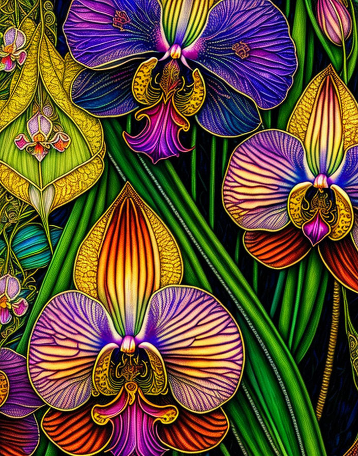 Colorful Orchid Illustration with Detailed Petals on Dark Background