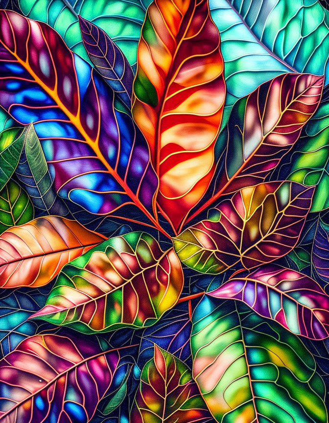 Colorful Stained Glass Leaves Illustration: Vibrant Spectrum of Patterns