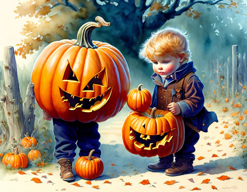 Child with Carved Pumpkins in Autumn Setting