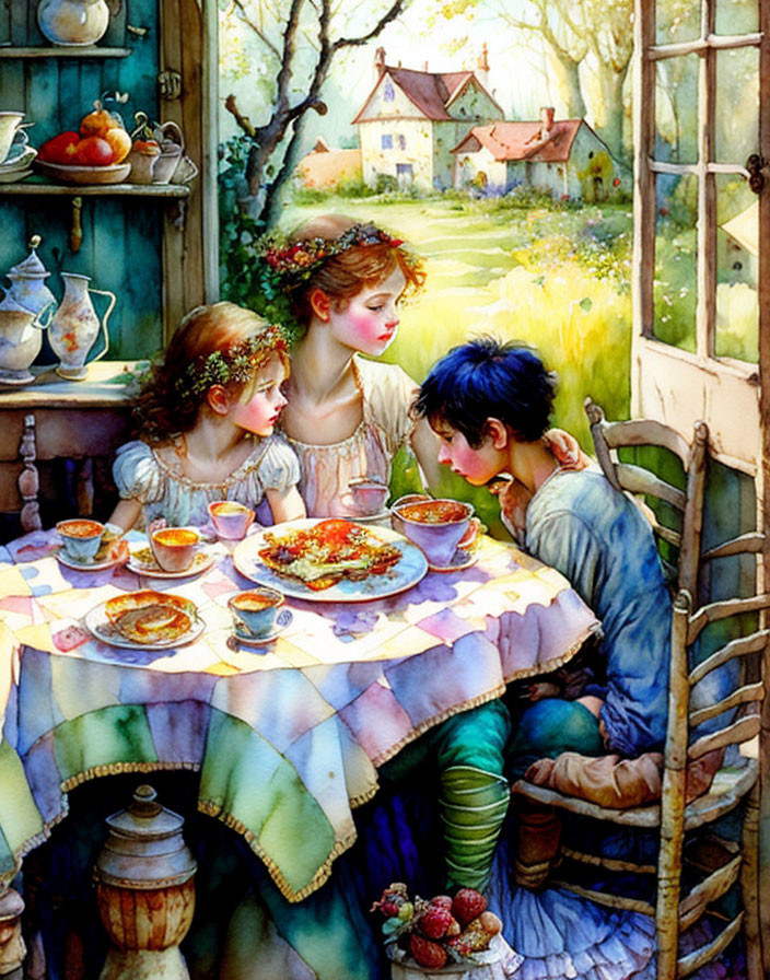 Children dining in cozy cottage setting with tranquil country scenery