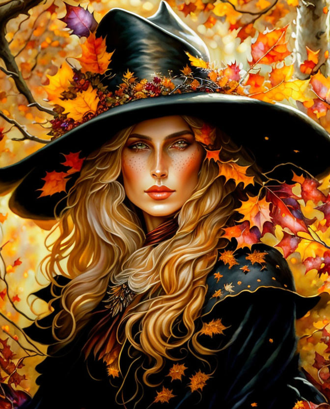 Blonde woman in wide-brimmed hat among autumn leaves