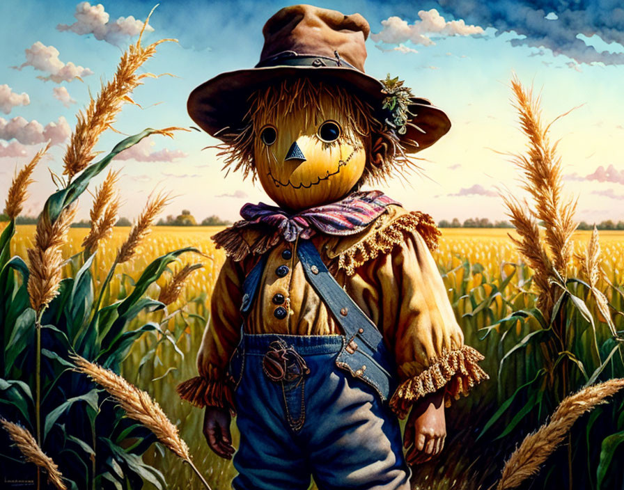 Scarecrow with Pumpkin Head in Wheat Field Landscape