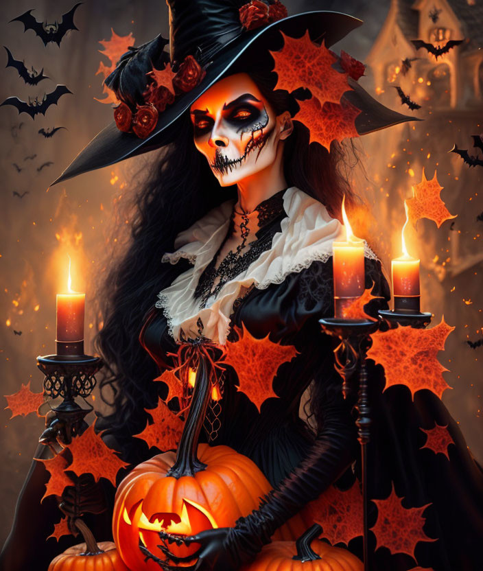 Person in witch costume with skull makeup holding pumpkin in eerie Halloween setting.