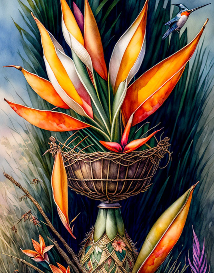 Colorful Bird of Paradise Plant Painting in Woven Pot with Bird and Greenery