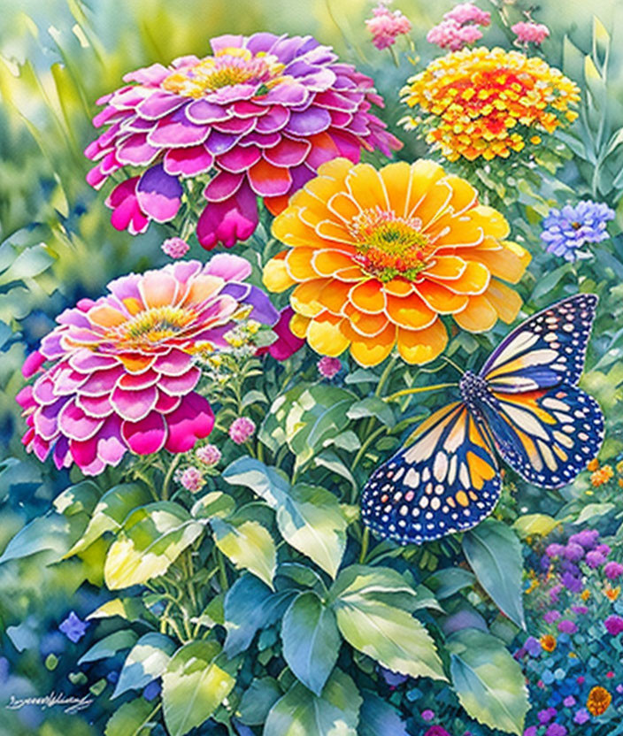 Colorful Flowers and Butterfly Illustration in Pink, Purple, Yellow, and Orange