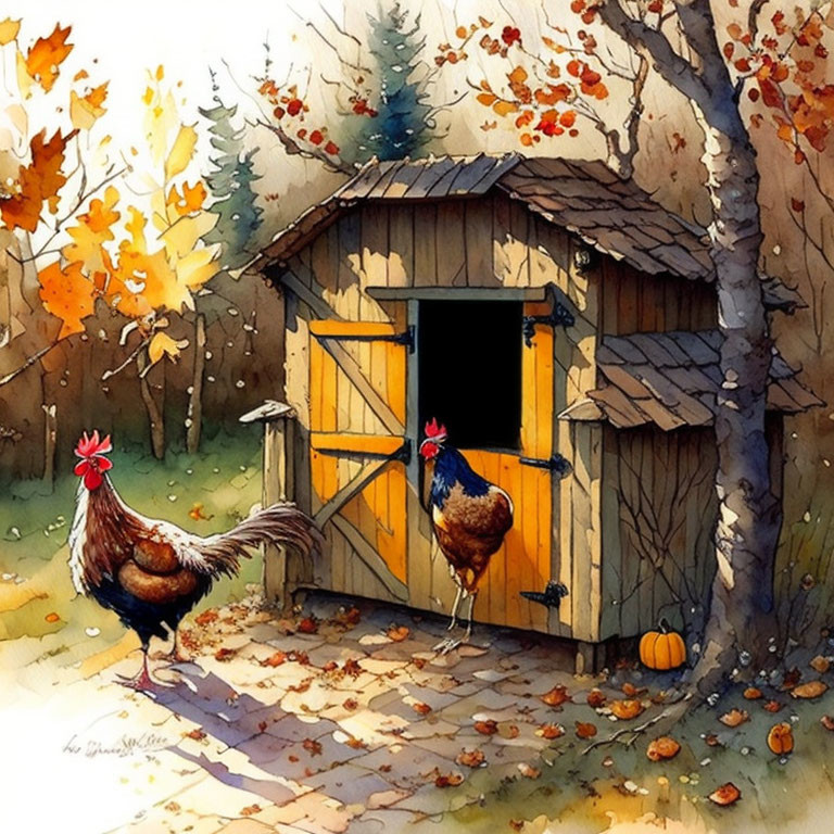 Roosters and Pumpkin in Autumn Watercolor Painting