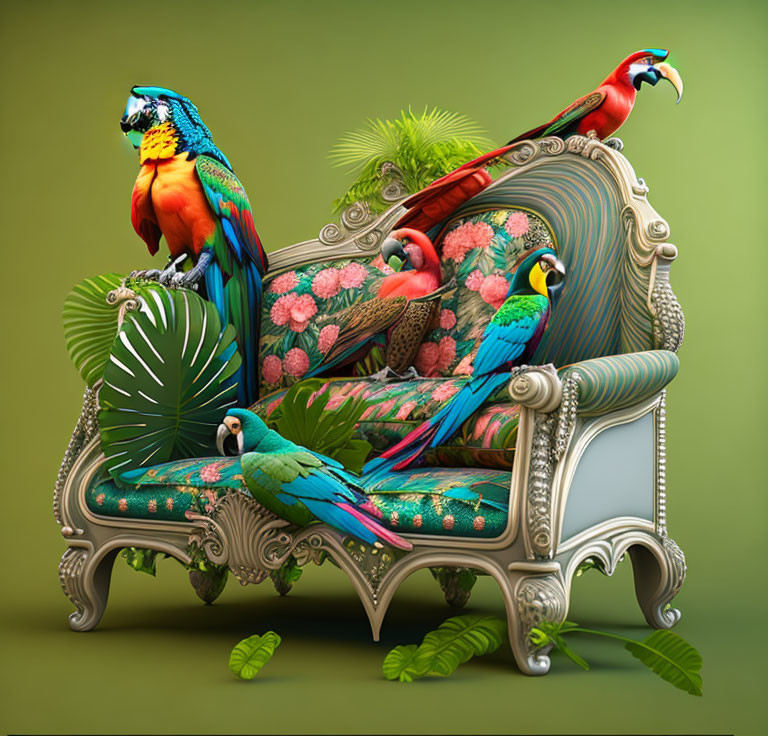 Colorful Macaws Perched on Victorian-Style Sofa with Tropical Foliage