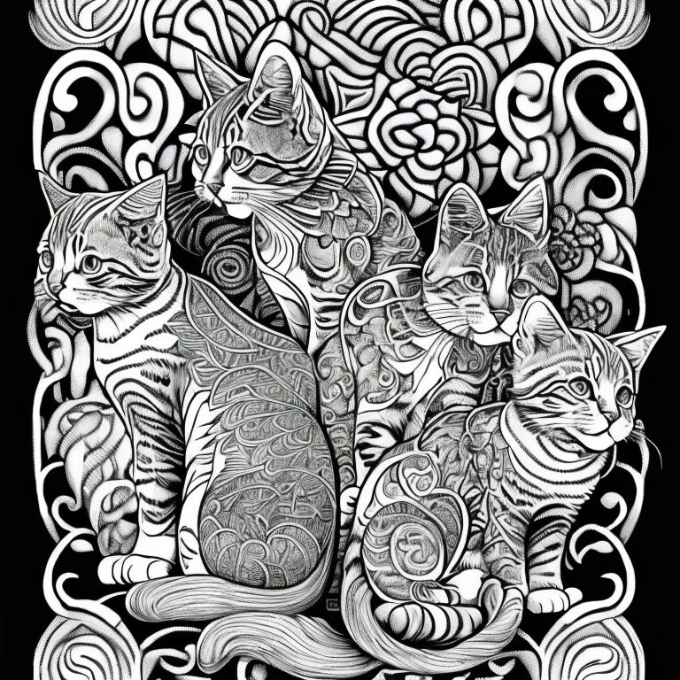 Detailed Black and White Cat Illustration with Intricate Patterns