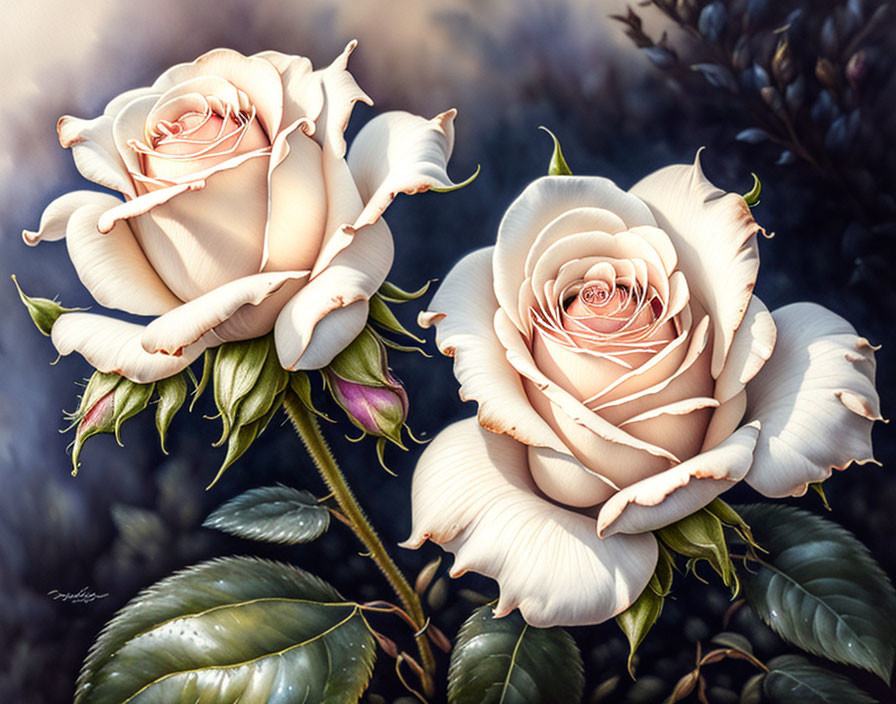 Blooming cream roses with green leaves on soft-focus background