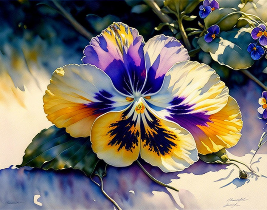 Colorful Pansy Flower with Blue Flowers and Green Leaves on Soft Background