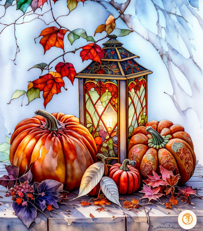 Autumn lantern with pumpkins and leaves in snowy scene