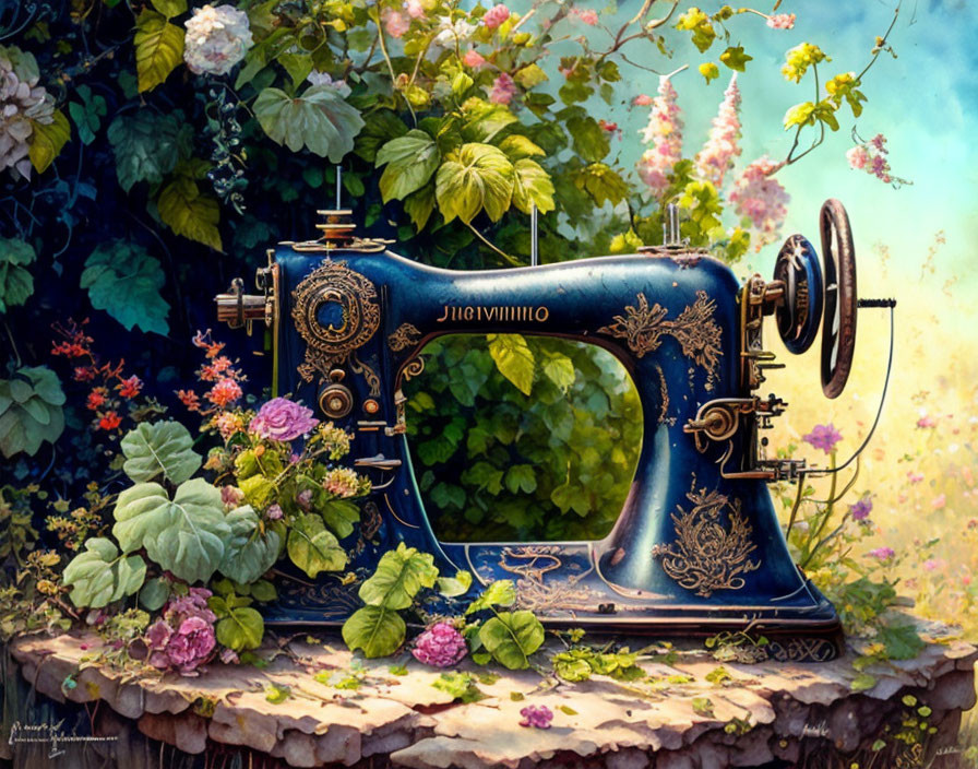 Vintage Sewing Machine with Gold Detailing in Lush Garden