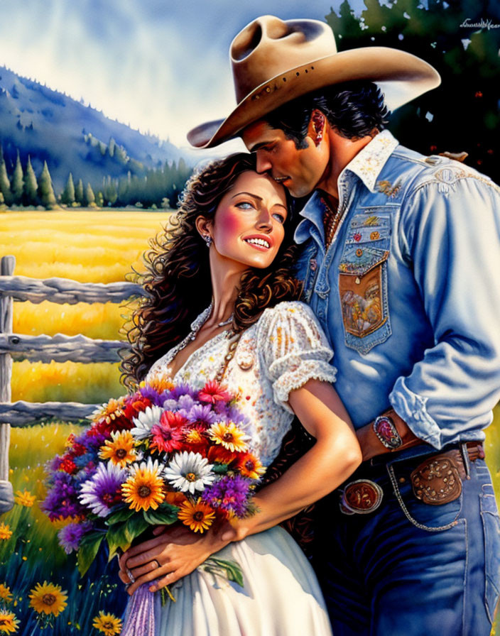 Cowboy embracing woman with bouquet in meadow with mountains.