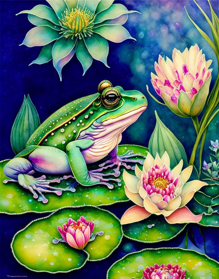 Colorful Frog with Crown on Lily Pad Amid Lotus Flowers and Night Sky