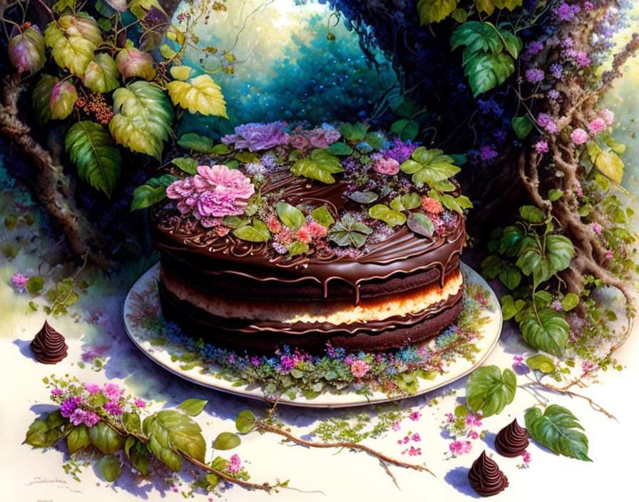 Chocolate cake with fresh flowers and leaves in enchanted forest setting