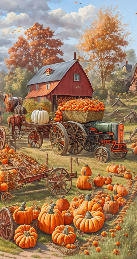 Rustic autumn scene with horse-drawn cart, pumpkins, red barn, and fall foliage