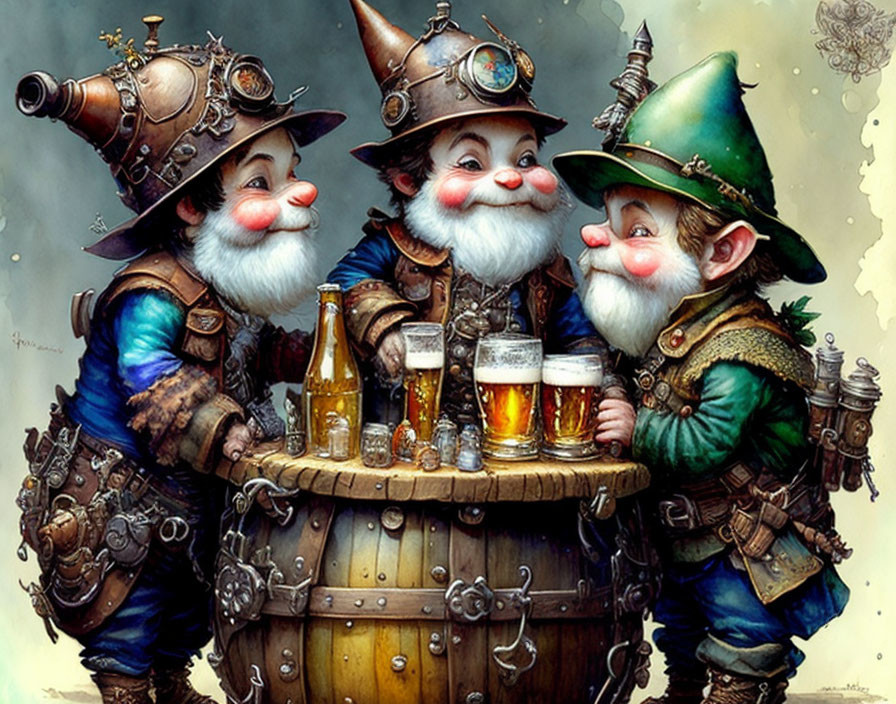 Whimsical steampunk dwarves toast with beer at barrel table