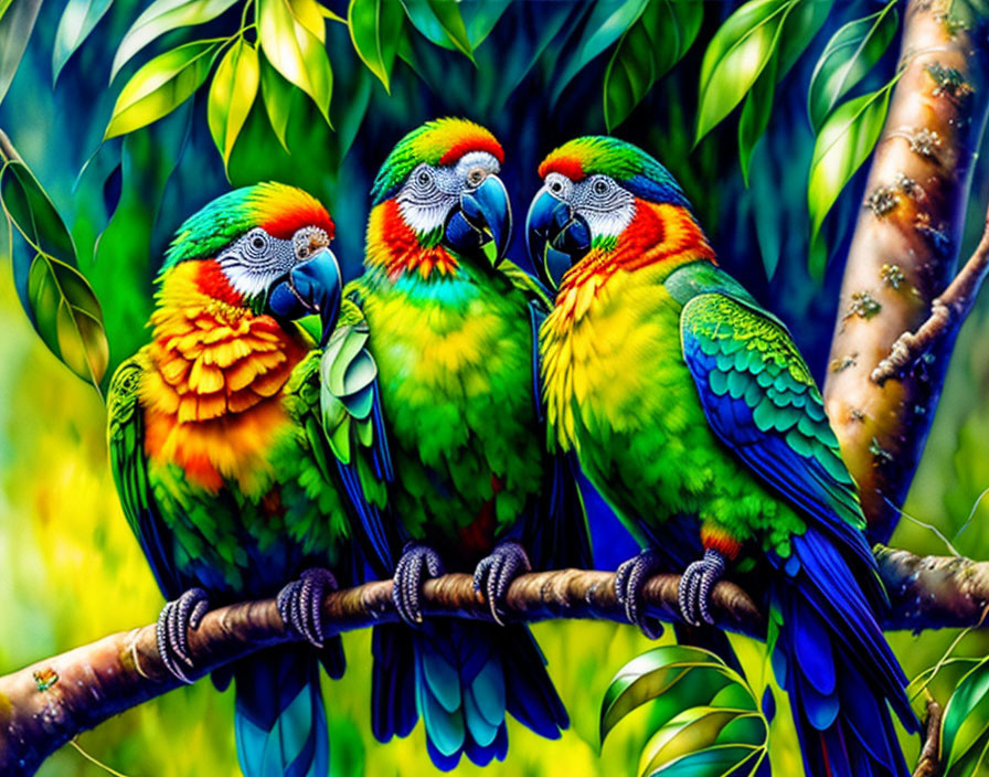 Colorful Parrots Perched on Branch in Lush Greenery