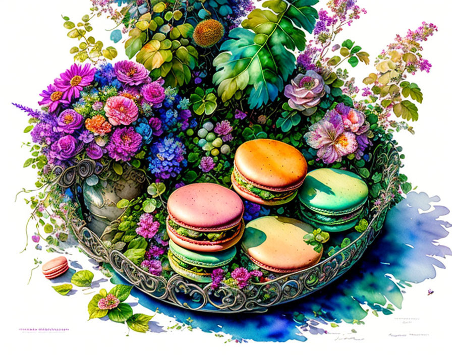 Vibrant floral and succulent illustration with macarons in ornate bowl