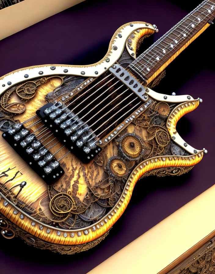 Ornate double-neck guitar with steampunk details on purple backdrop