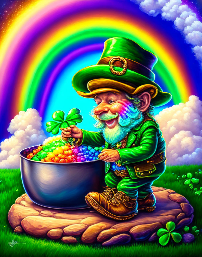 Colorful leprechaun with shamrock and pot of beads in vibrant scene