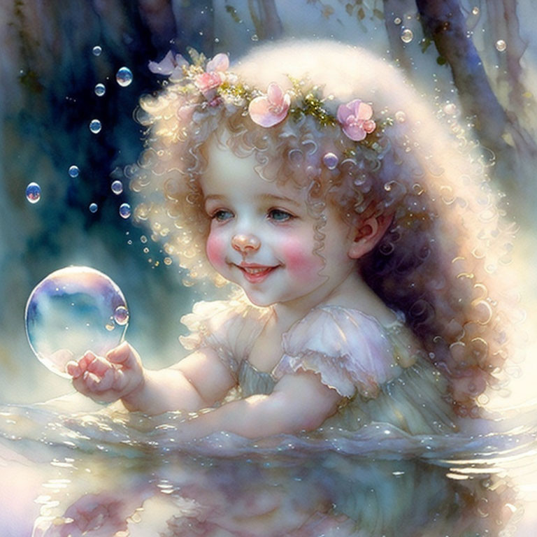 Curly-Haired Child Holding Bubble in Softly Lit Setting