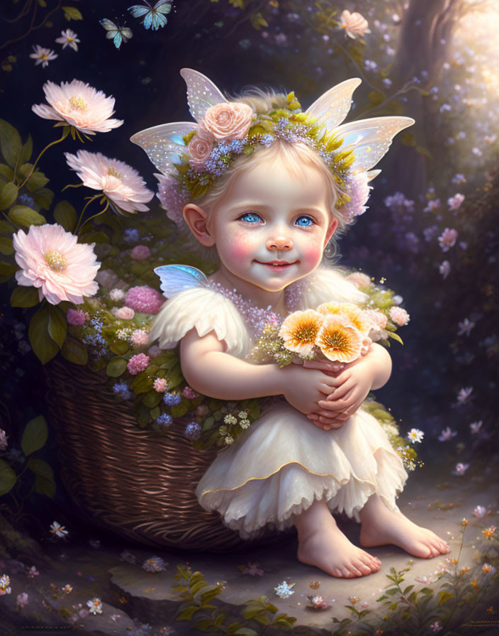 Young fairy with delicate wings and floral crown surrounded by soft blooms