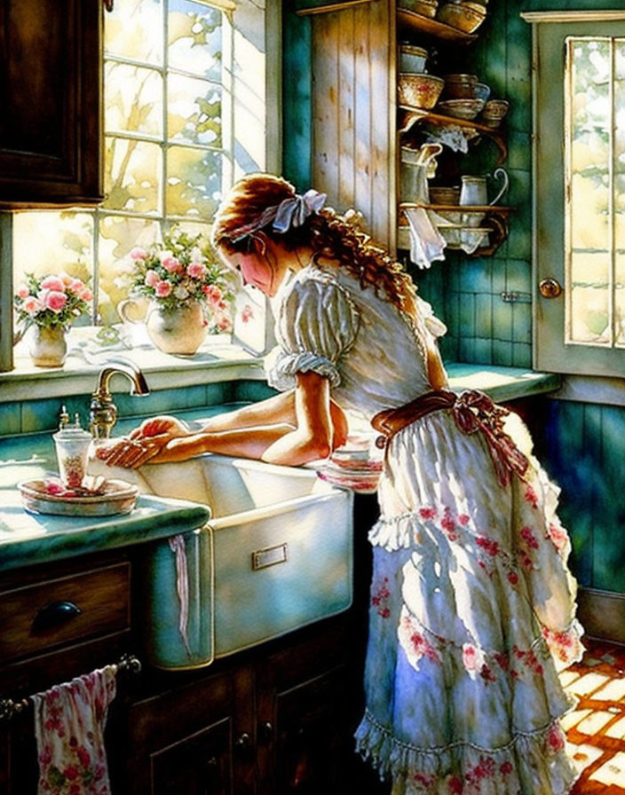 Vintage-dressed woman washing dishes in rustic kitchen with hanging plates.