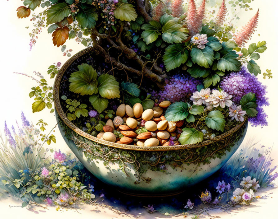 Colorful botanical illustration of almonds and hazelnuts in a bowl among lush flowers.