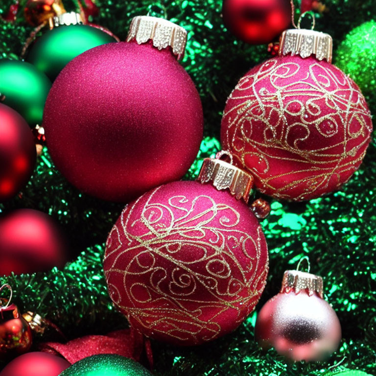 Colorful Christmas Ornaments on Green Tinsel Background