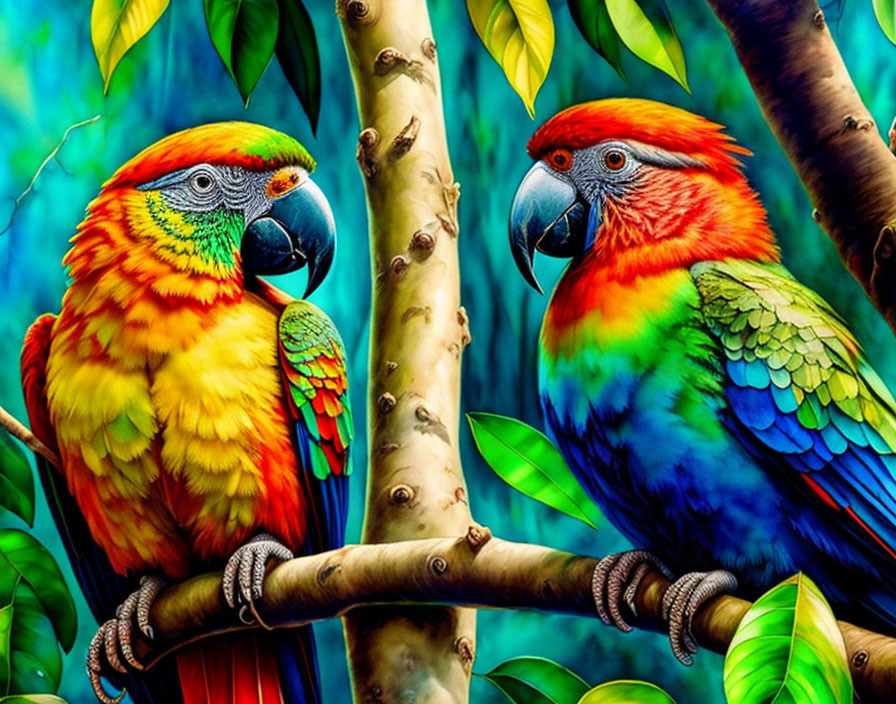 Colorful Parrots Perched on Branch in Lush Green Foliage