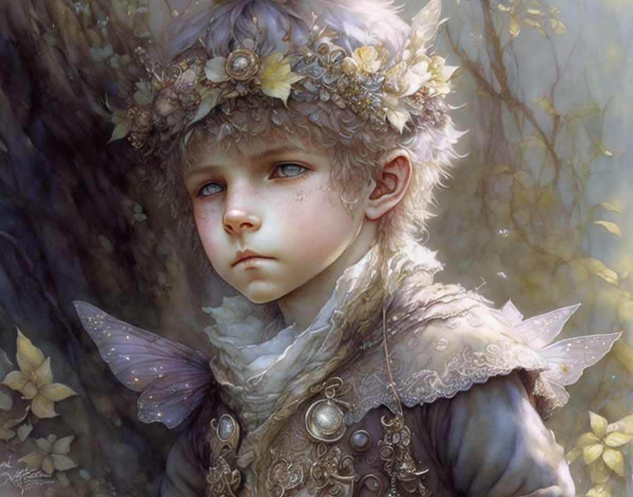 Fantasy illustration of young child with blue eyes, leafy crown, and wings in dreamy setting