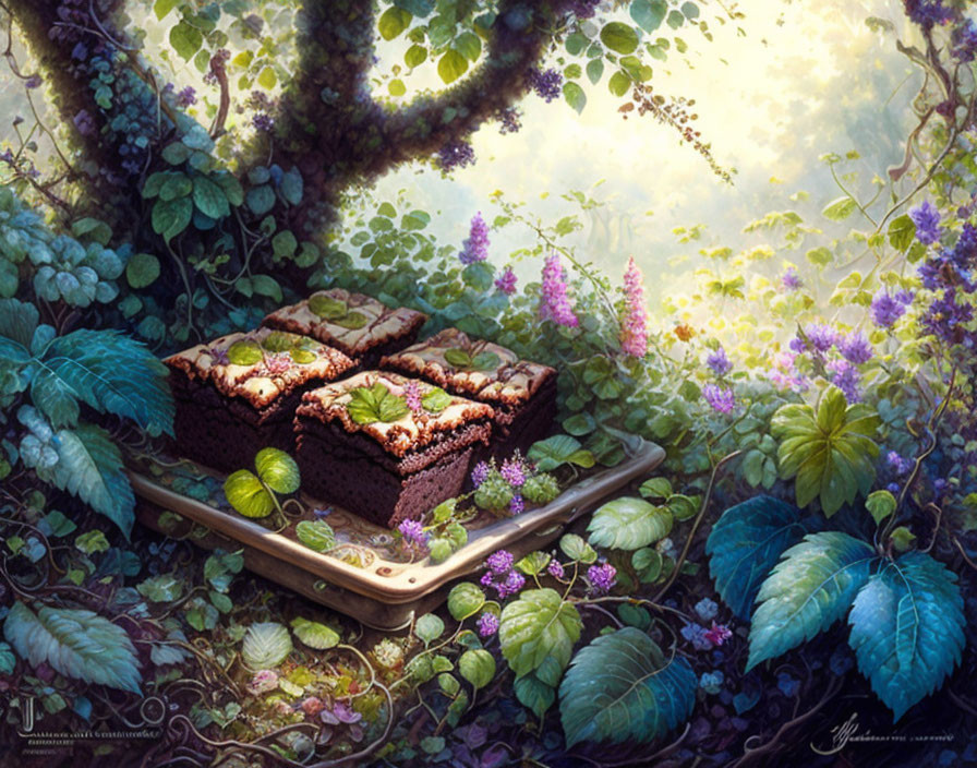 Brownies on Enchanted Forest Tray with Greenery and Purple Flowers